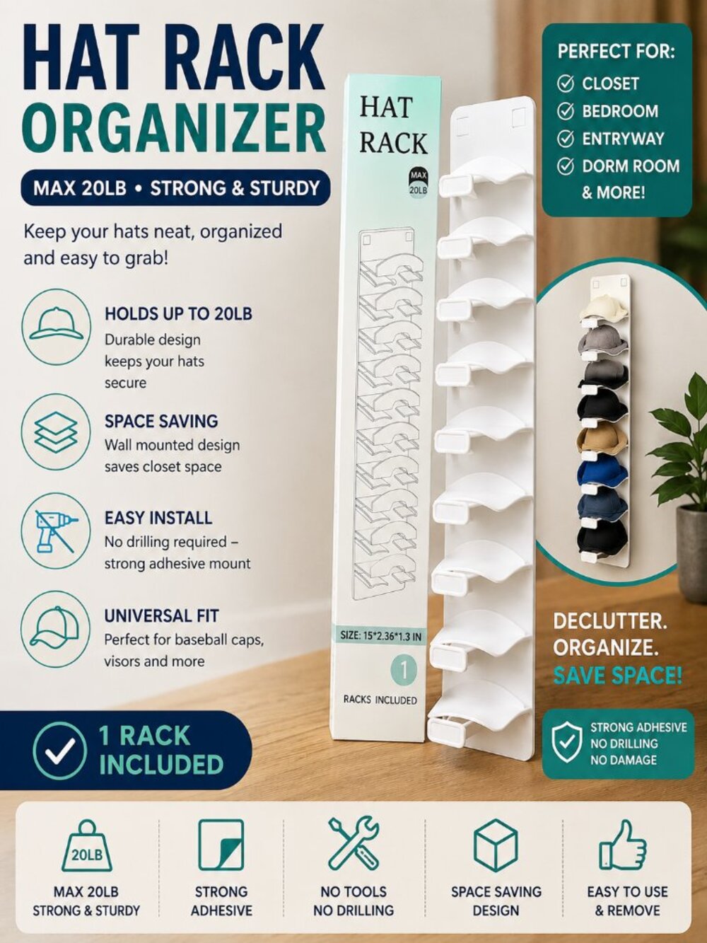 Wall Mounted Hat Rack Organizer | No Drill Baseball Cap Holder | Closet Storage